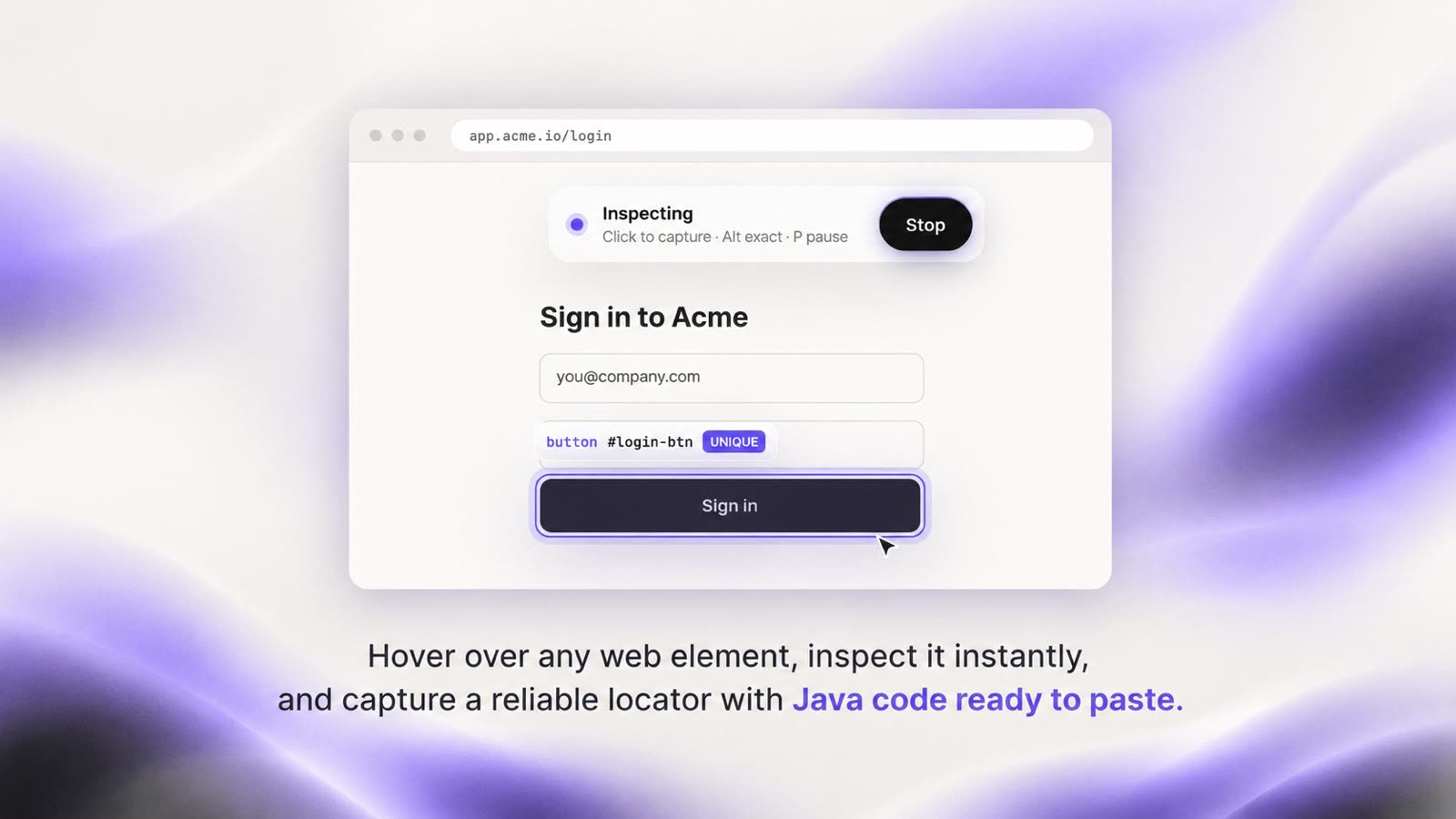 Inspecting a sign-in page: the Sign in button is outlined and tagged button#login-btn UNIQUE, with the Inspecting toolbar above it
