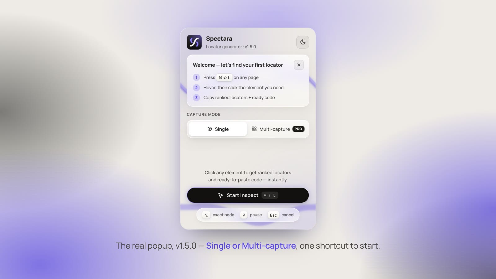 The Spectara 1.5.0 popup: a welcome card with the Cmd Shift L shortcut, Single and Multi-capture modes, and the Start Inspect button